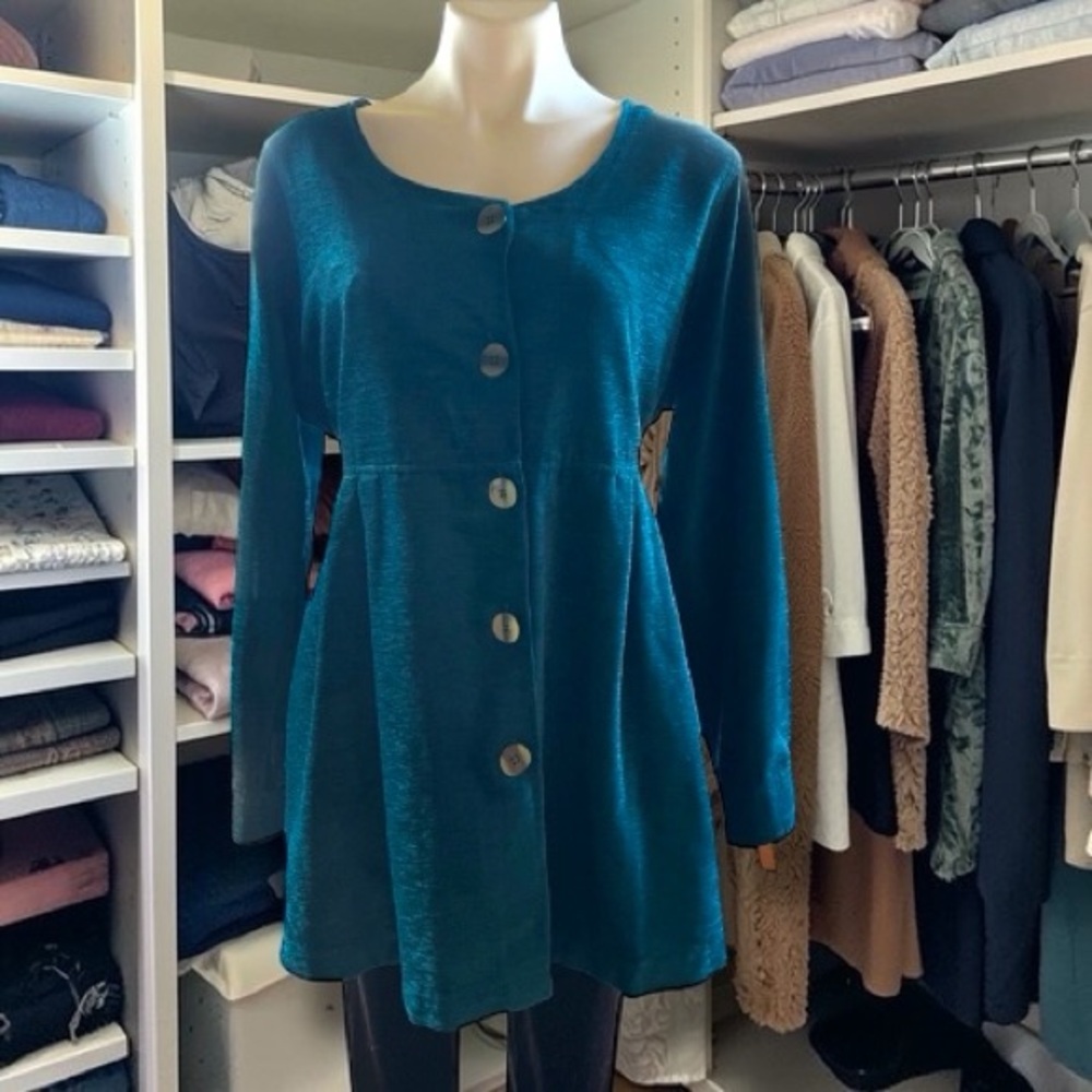 Soft Surroundings Chenille Blouse XL Fitted Long Sleeve Buttoned Teal/Turquoise